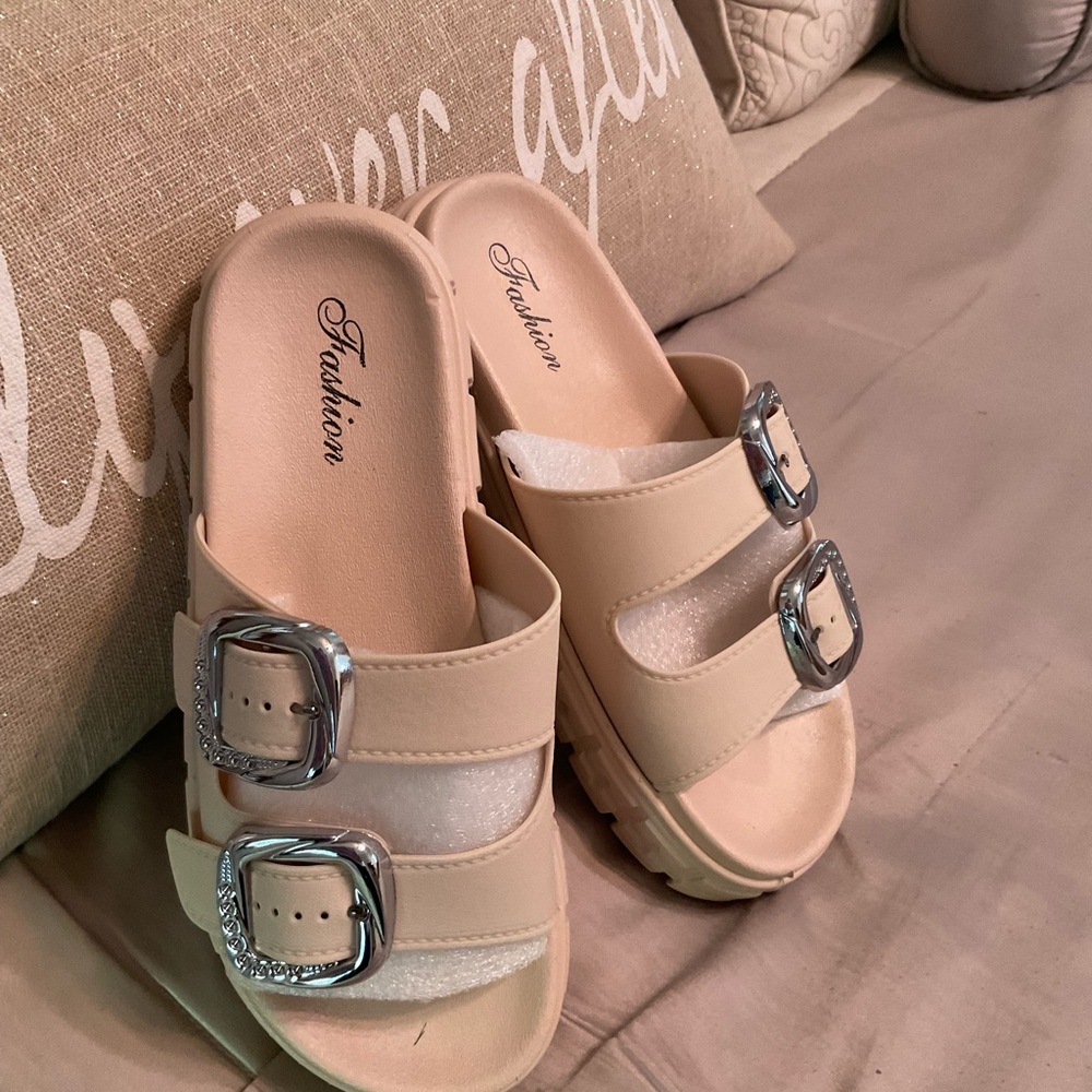 Women's Beige Double-Buckle Slide Sandals